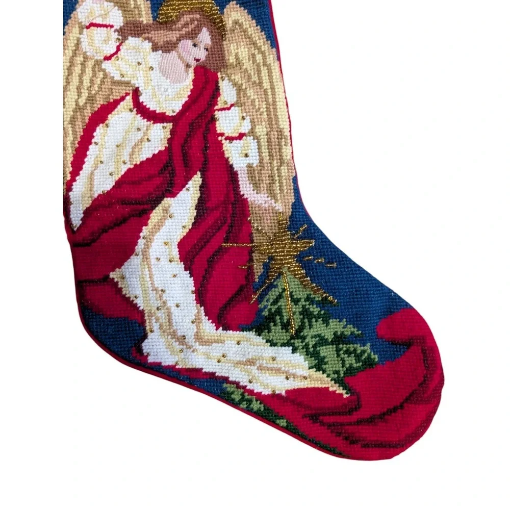 Needlepoint Beaded Herald Angel‎ & Star Christmas Stocking with Gold Beads 19